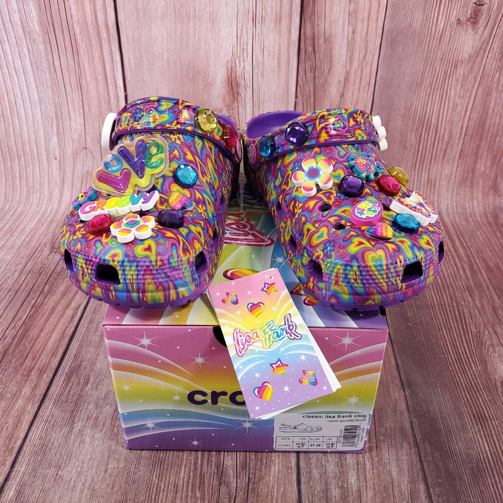 NIB Crocs Classic Lisa Frank Clogs Womens SIze 7 Neon Purple Multi Sandals